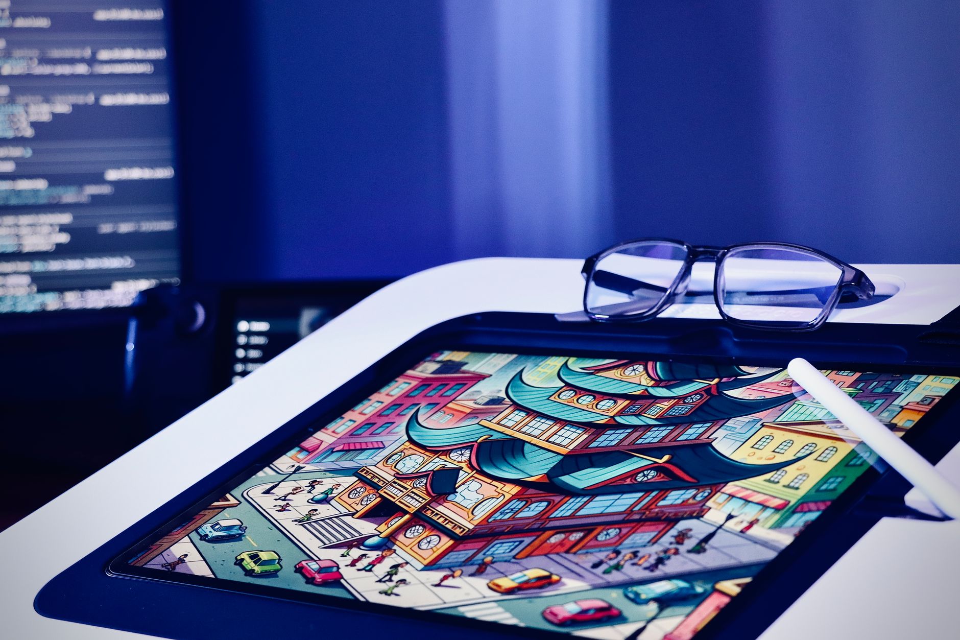 a graphic designer creating a YouTube thumbnail on a computer with a color wheel visible